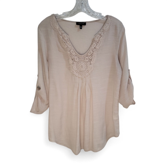Spense Cream Boho Peasant Medium Top Crochet Tunic Tab Sleeve Gauzy Pleated Airy - Picture 1 of 7